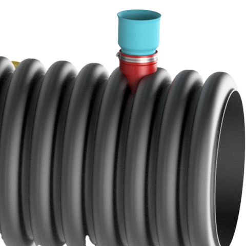 Black plastic corrugated pipe with blueish green pipe inserted