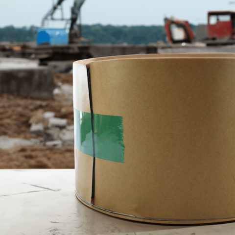 Roll of tan paper colored butyl sealant on a construction site